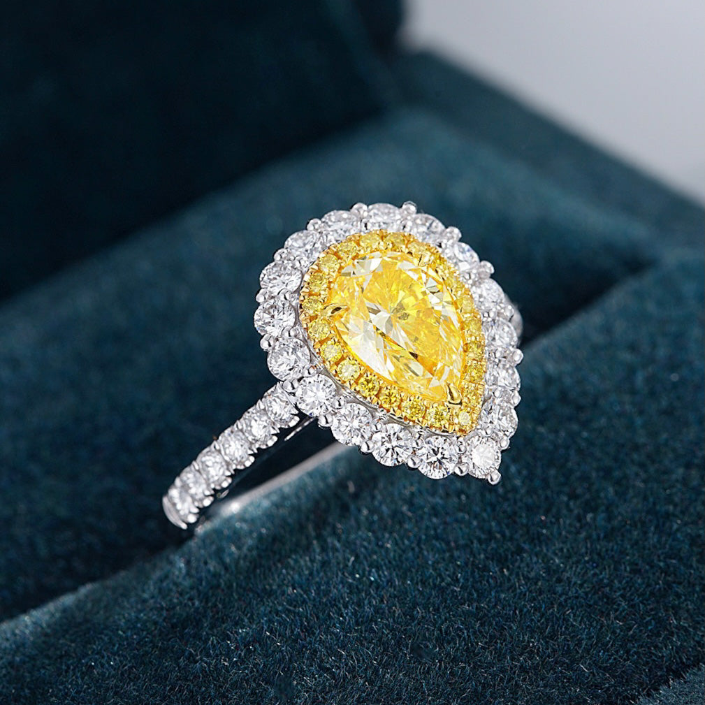 Pear Shaped Yellow Diamond Double Halo Engagement Ring with Pavé Band -Perspective Close-up