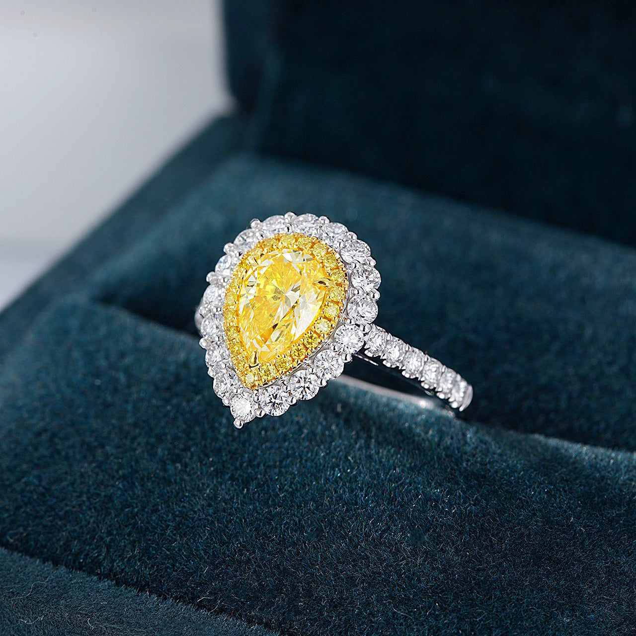 Pear Shaped Yellow Diamond Double Halo Engagement Ring with Pavé Band -In-Box Display