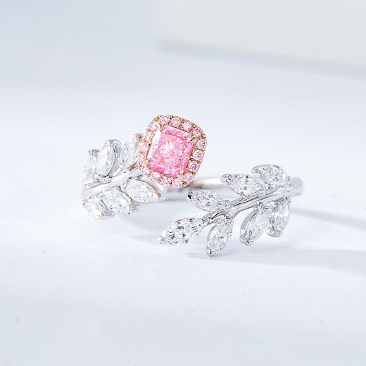 Cushion Cut Pink Diamond Olive Branch Ring with Nature Inspired Design