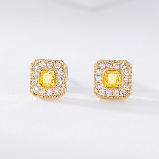 Cushion Cut Yellow Diamond Stud Earrings in Yellow Gold