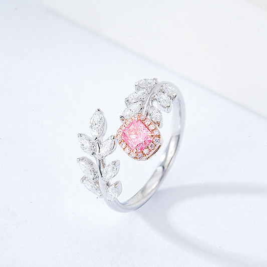 Cushion Cut Pink Diamond Olive Branch Ring with Nature Inspired Design