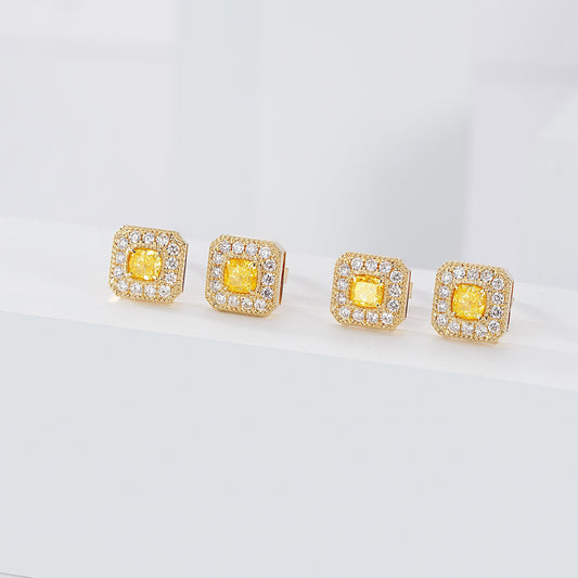 Cushion Cut Yellow Diamond Stud Earrings in Yellow Gold