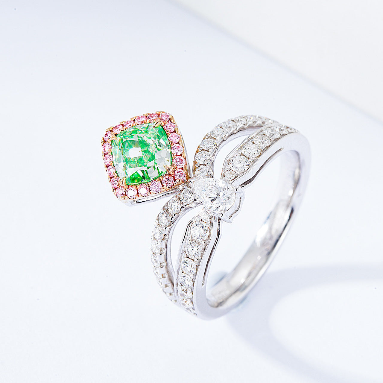 Cushion Cut Green Diamond Crown Inspired Halo Engagement Ring -Side Angle