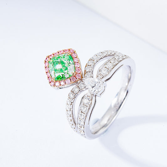 Cushion Cut Green Diamond Crown Inspired Halo Engagement Ring