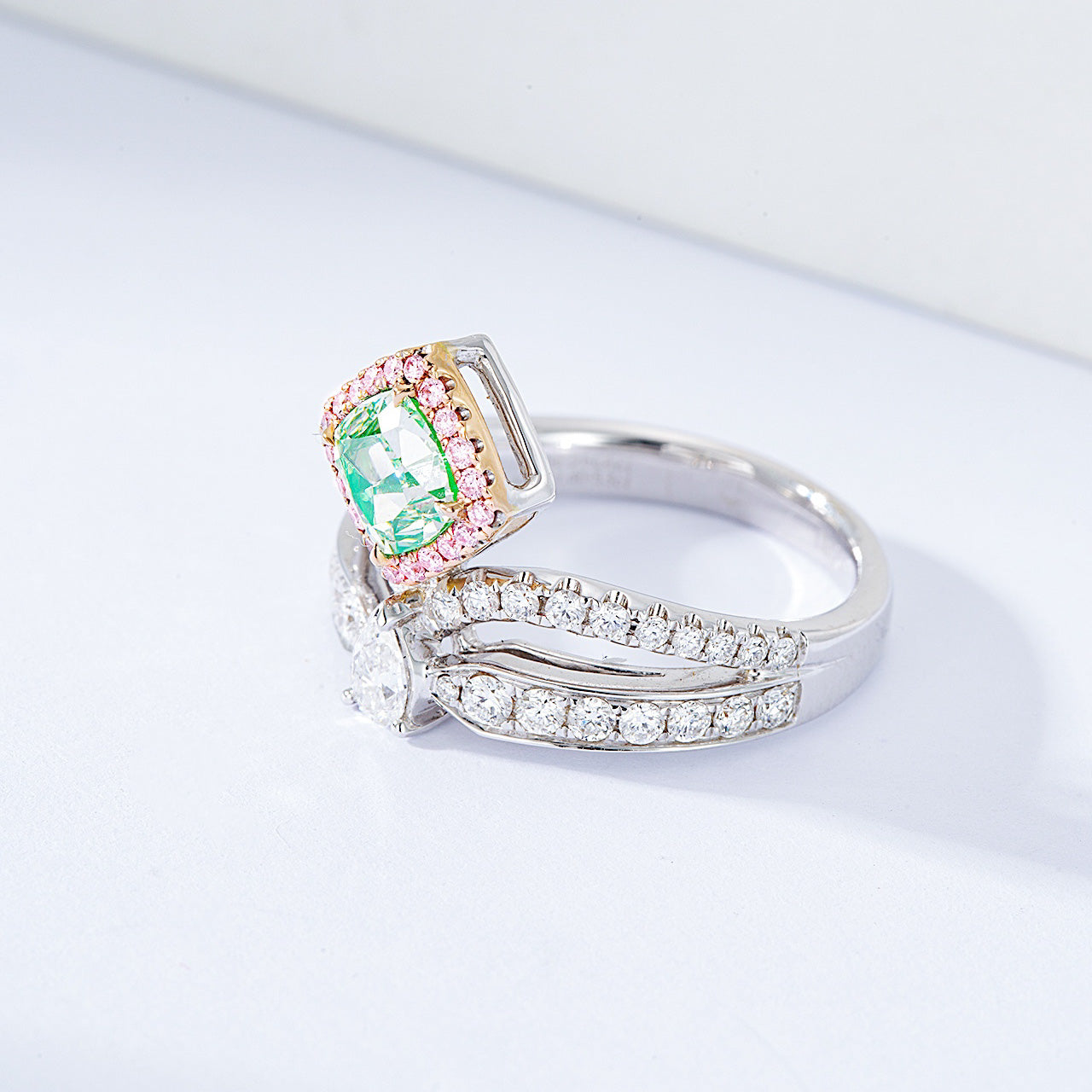 Cushion Cut Green Diamond Crown Inspired Halo Engagement Ring -Top View