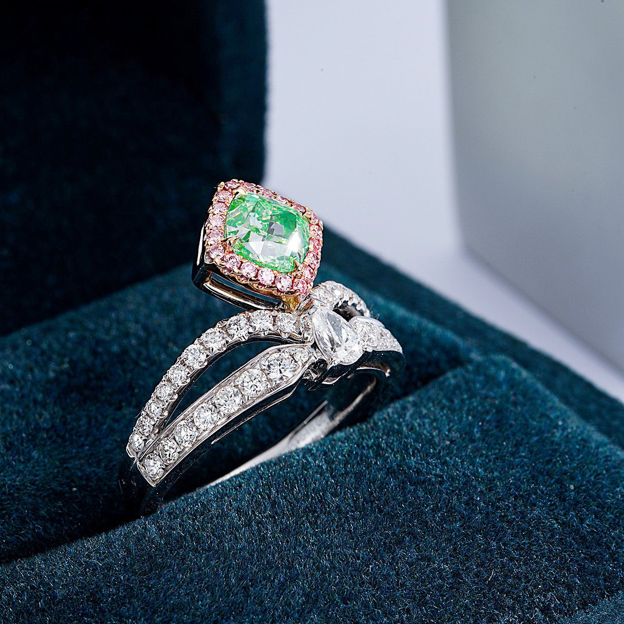 Cushion Cut Green Diamond Crown Inspired Halo Engagement Ring -Perspective Close-up