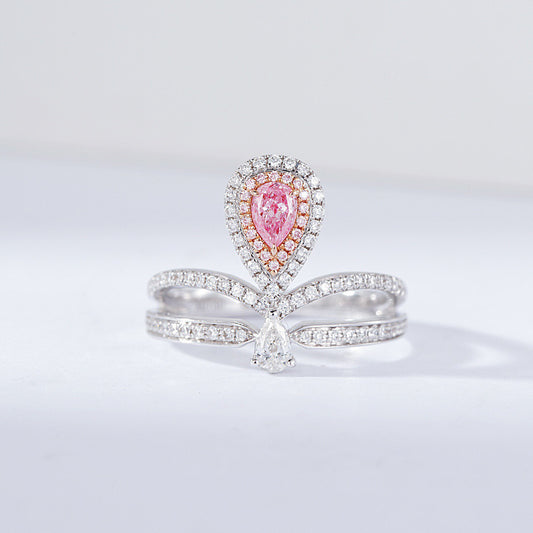 Pear-Shaped Pink Diamond Crown Design Ring with Double Halo