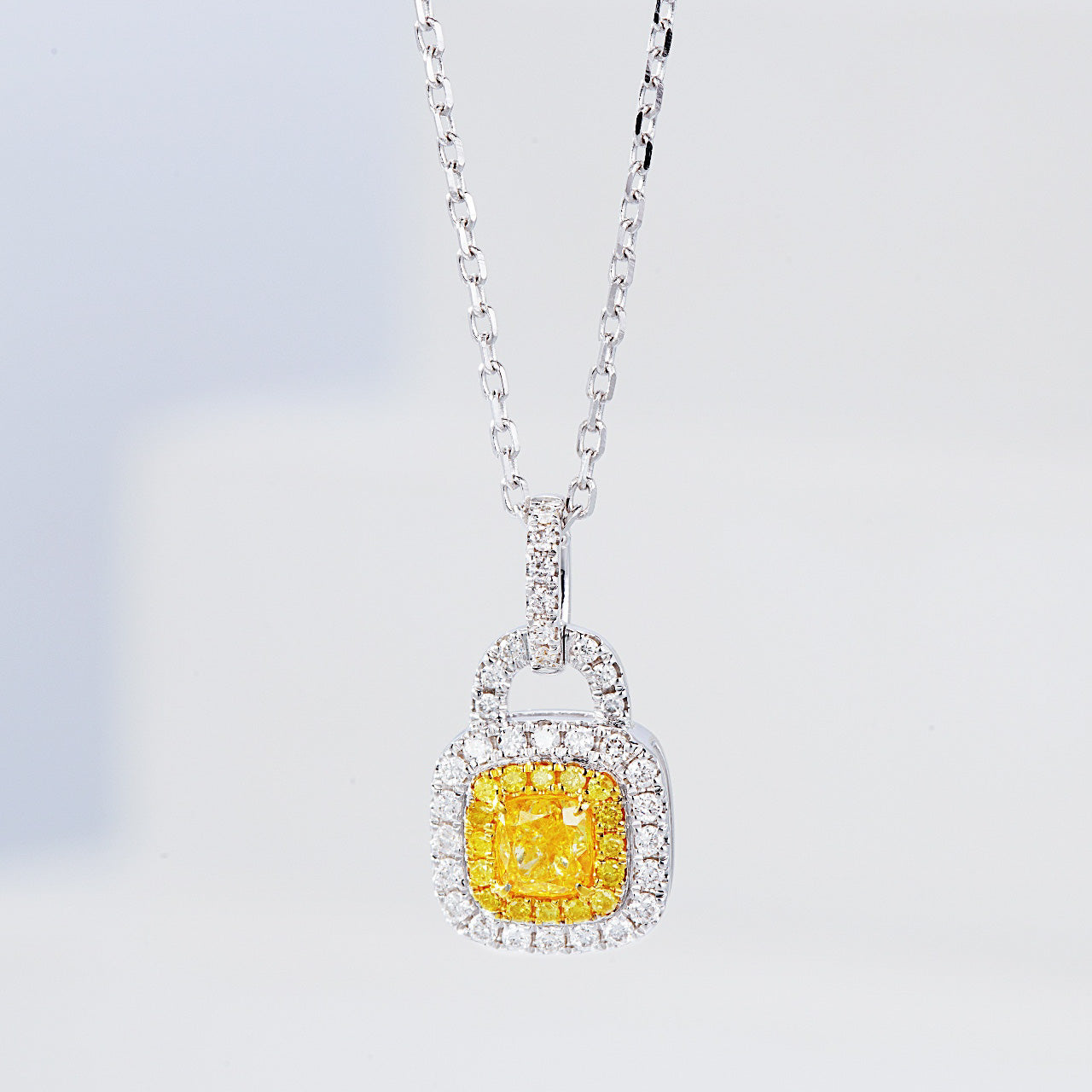 Chic Mini Purse Cushion Cut Yellow Diamond Pendant -Front View