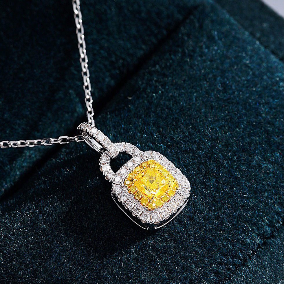 Chic Mini Purse Cushion Cut Yellow Diamond Pendant -Perspective Close-up