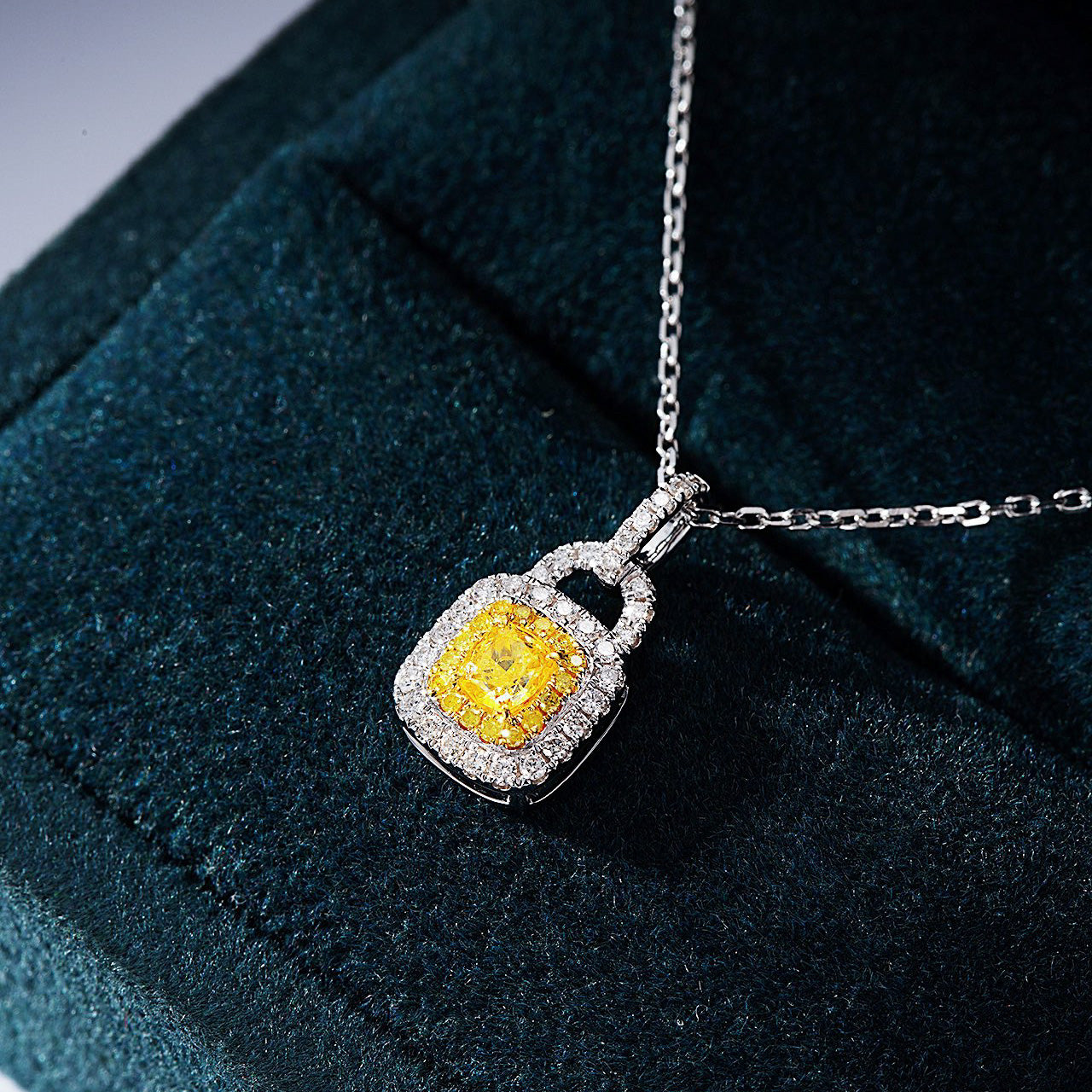 Chic Mini Purse Cushion Cut Yellow Diamond Pendant -In-Box Display