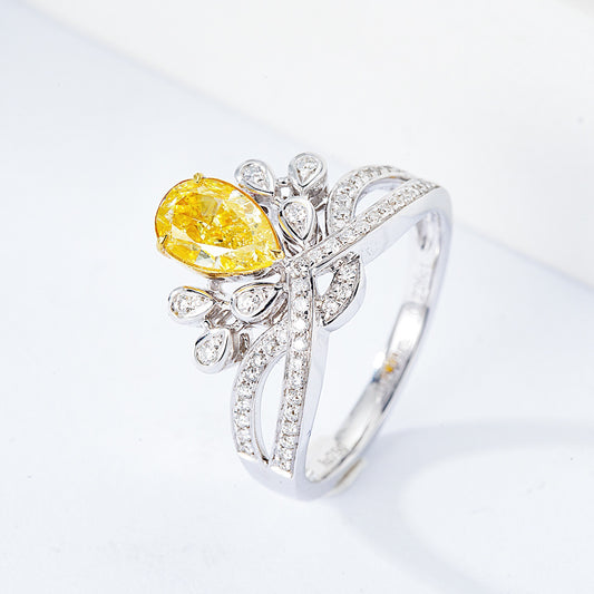 Pear Shaped Yellow Diamond Crown Ring with Channel Setting in 18K White Gold