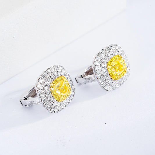 Cushion Cut Yellow Diamond Halo Stud Earrings in White Glod