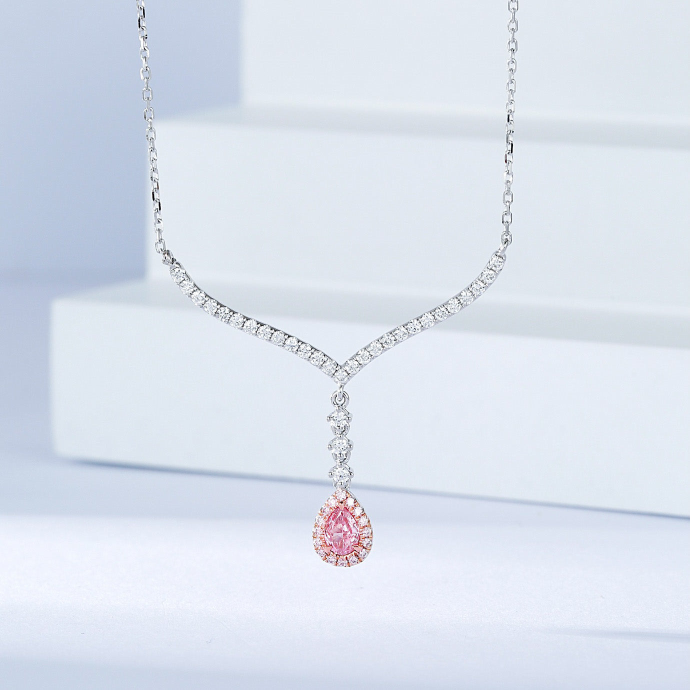 Pink Diamond Pear Shaped Full Diamond V Pendant in 18K White Gold -Front View