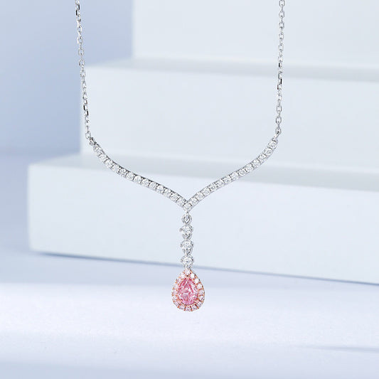 Pink Diamond Pear Shaped Full Diamond V Pendant in 18K White Gold