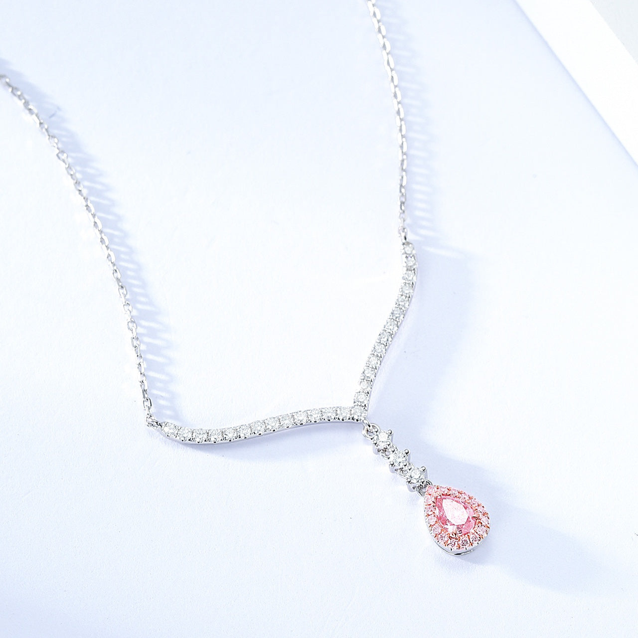 Pink Diamond Pear Shaped Full Diamond V Pendant in 18K White Gold -Side Angle