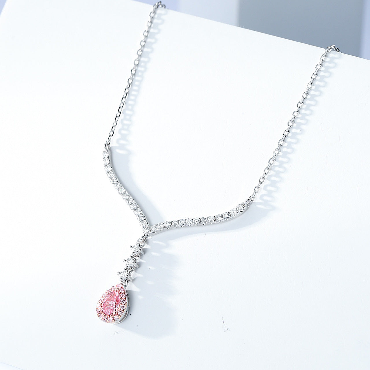 Pink Diamond Pear Shaped Full Diamond V Pendant in 18K White Gold -Top View