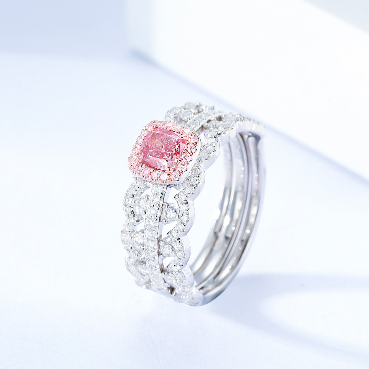 Regal Cushion Cut Pink Diamond Convertible Ring in 18K White Gold -Side Angle