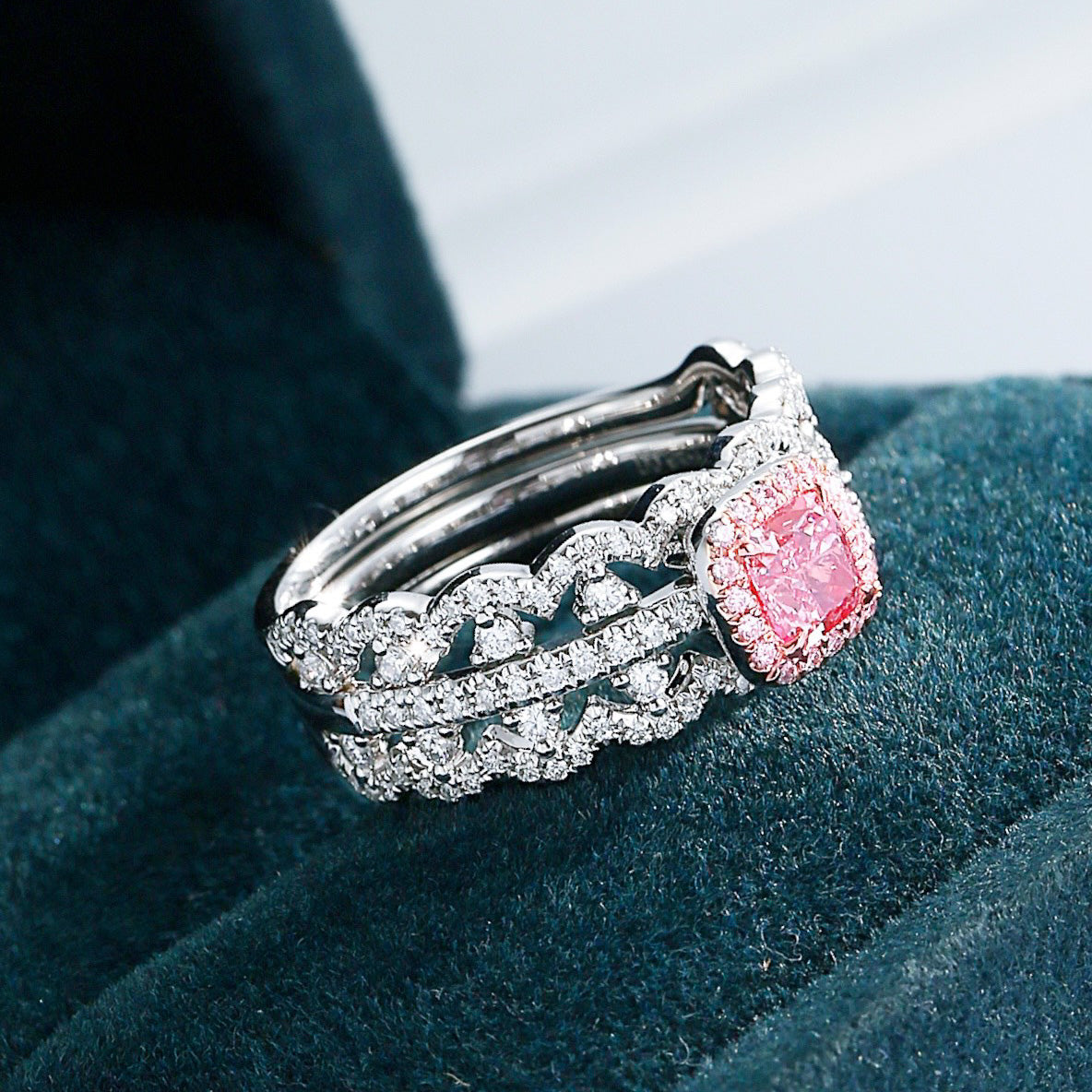 Regal Cushion Cut Pink Diamond Convertible Ring in 18K White Gold -Perspective Close-up