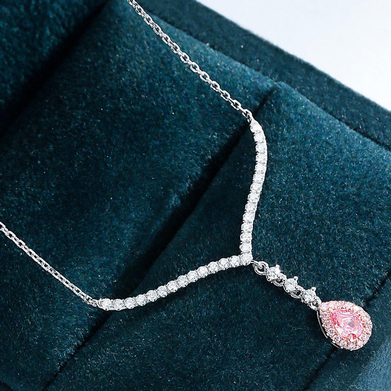Pink Diamond Pear Shaped Full Diamond V Pendant in 18K White Gold -Perspective Close-up