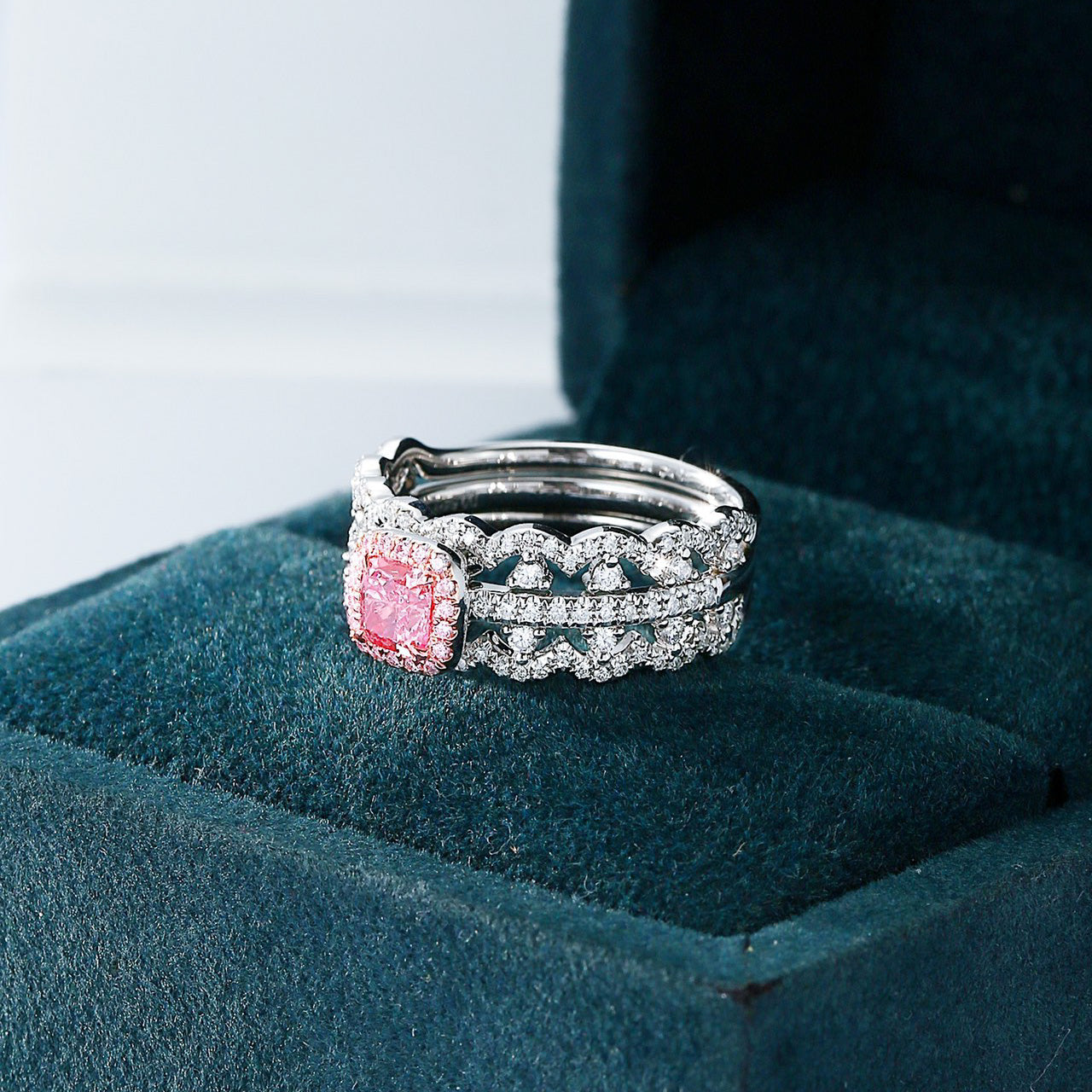 Regal Cushion Cut Pink Diamond Convertible Ring in 18K White Gold -In-Box Display