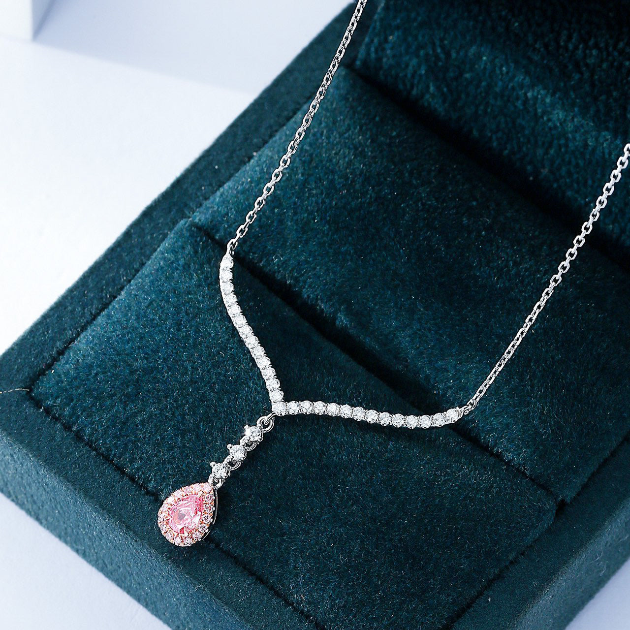 Pink Diamond Pear Shaped Full Diamond V Pendant in 18K White Gold -In-Box Display