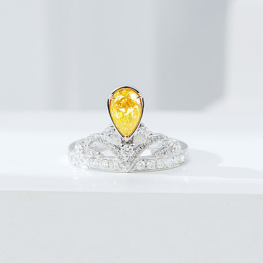 Pear Shaped Yellow Diamond Crown Engagement Ring in White Gold