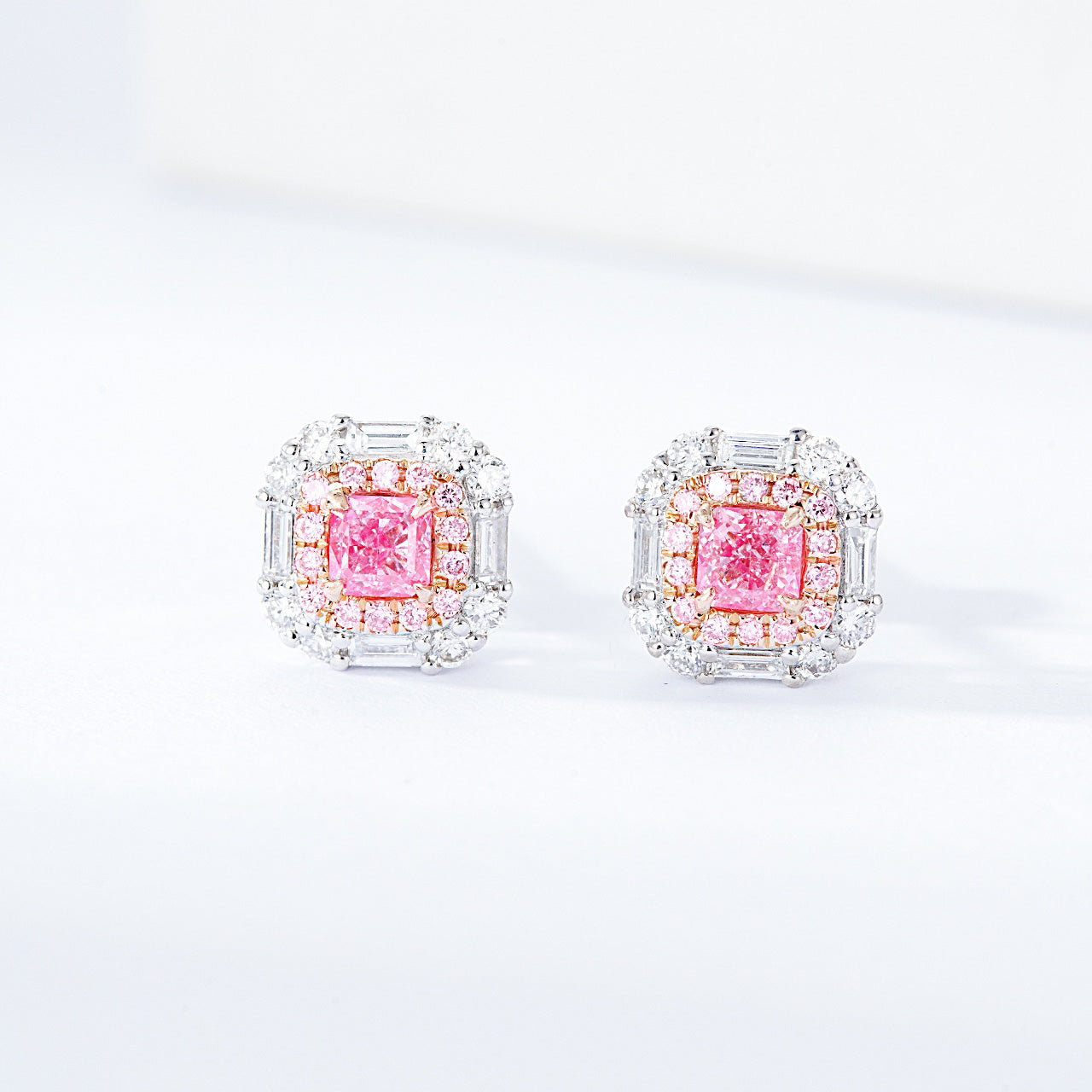 Cushion Cut Pink Diamond Stud Earrings in White Gold -Top View