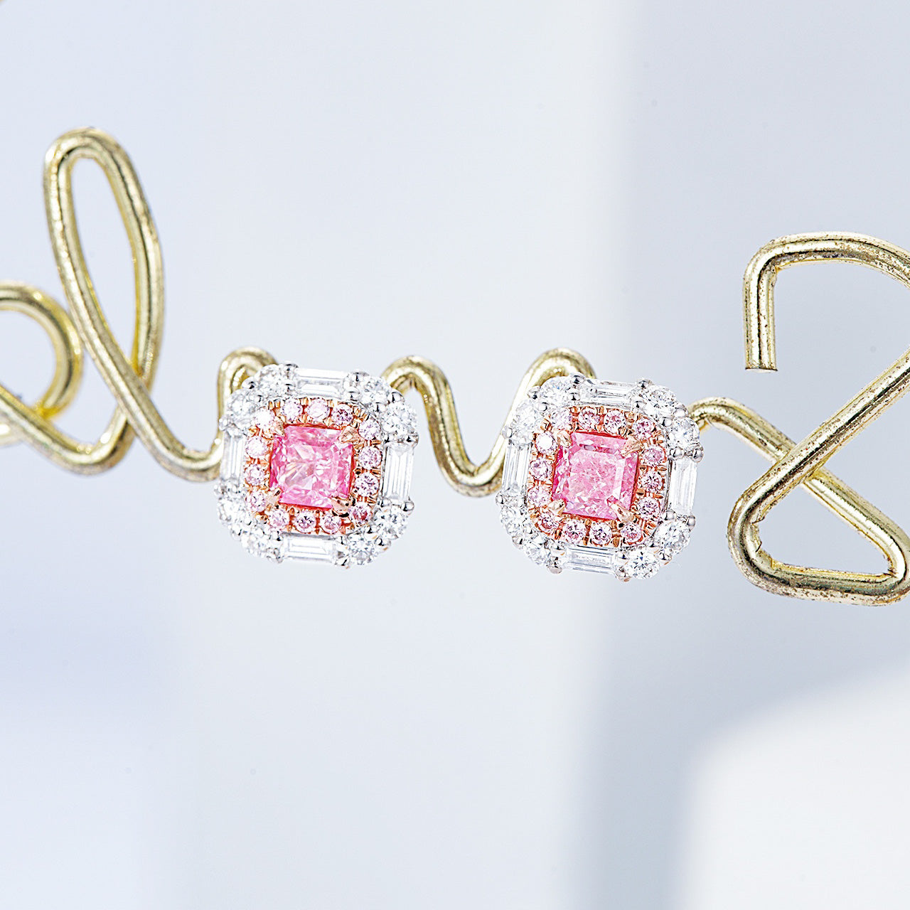 Cushion Cut Pink Diamond Stud Earrings in White Gold -Front View