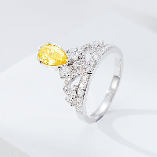 Pear Shaped Yellow Diamond Crown Engagement Ring in White Gold
