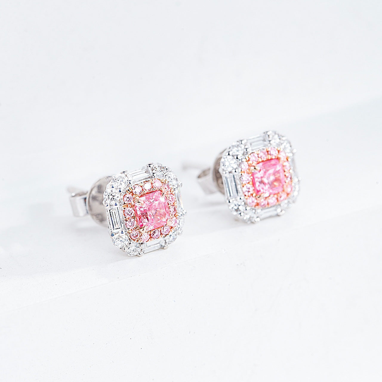 Cushion Cut Pink Diamond Stud Earrings in White Gold -Side Angle