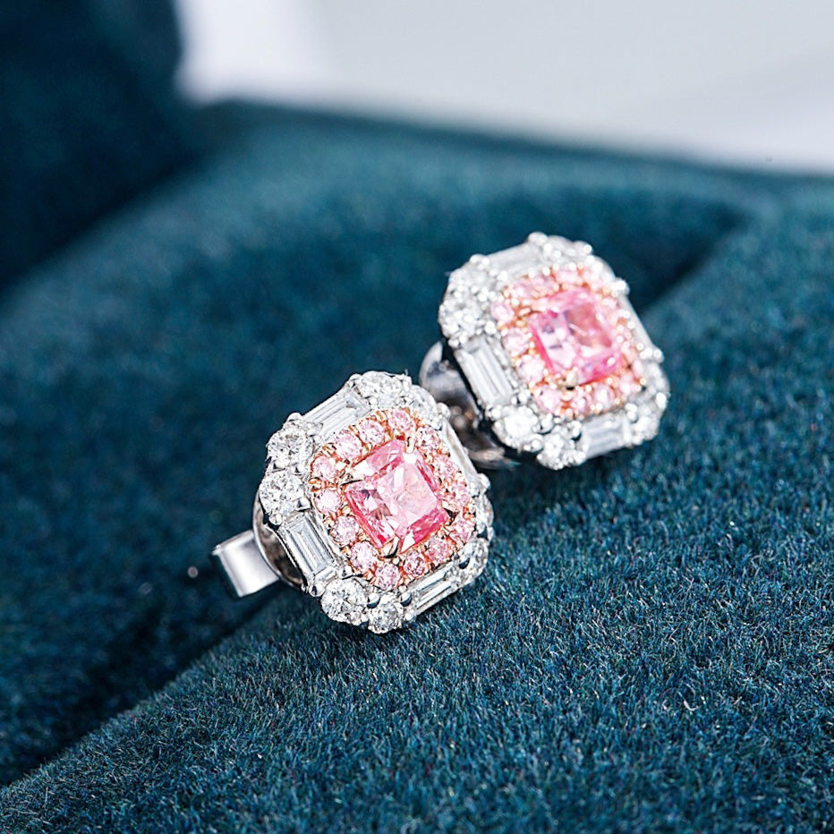 Cushion Cut Pink Diamond Stud Earrings in White Gold -Perspective Close-up