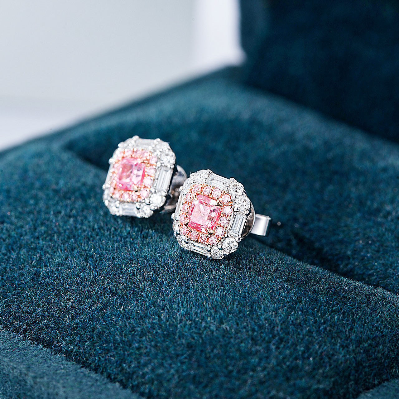 Cushion Cut Pink Diamond Stud Earrings in White Gold -In-Box Display
