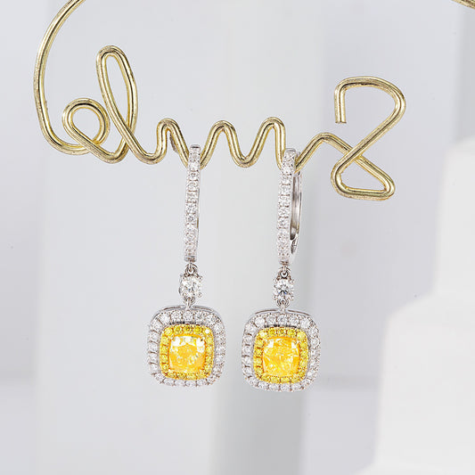 Cushion Cut Yellow Diamond Halo Drop Earrings in White Gold