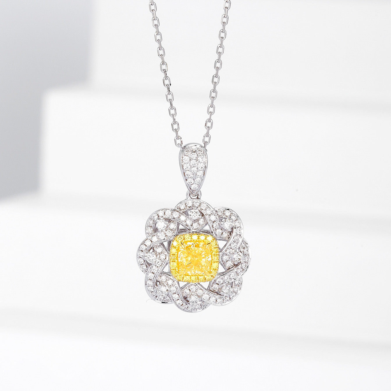 Cushion Cut Yellow Diamond Designer Pendant in 18K Yellow Gold -Front View