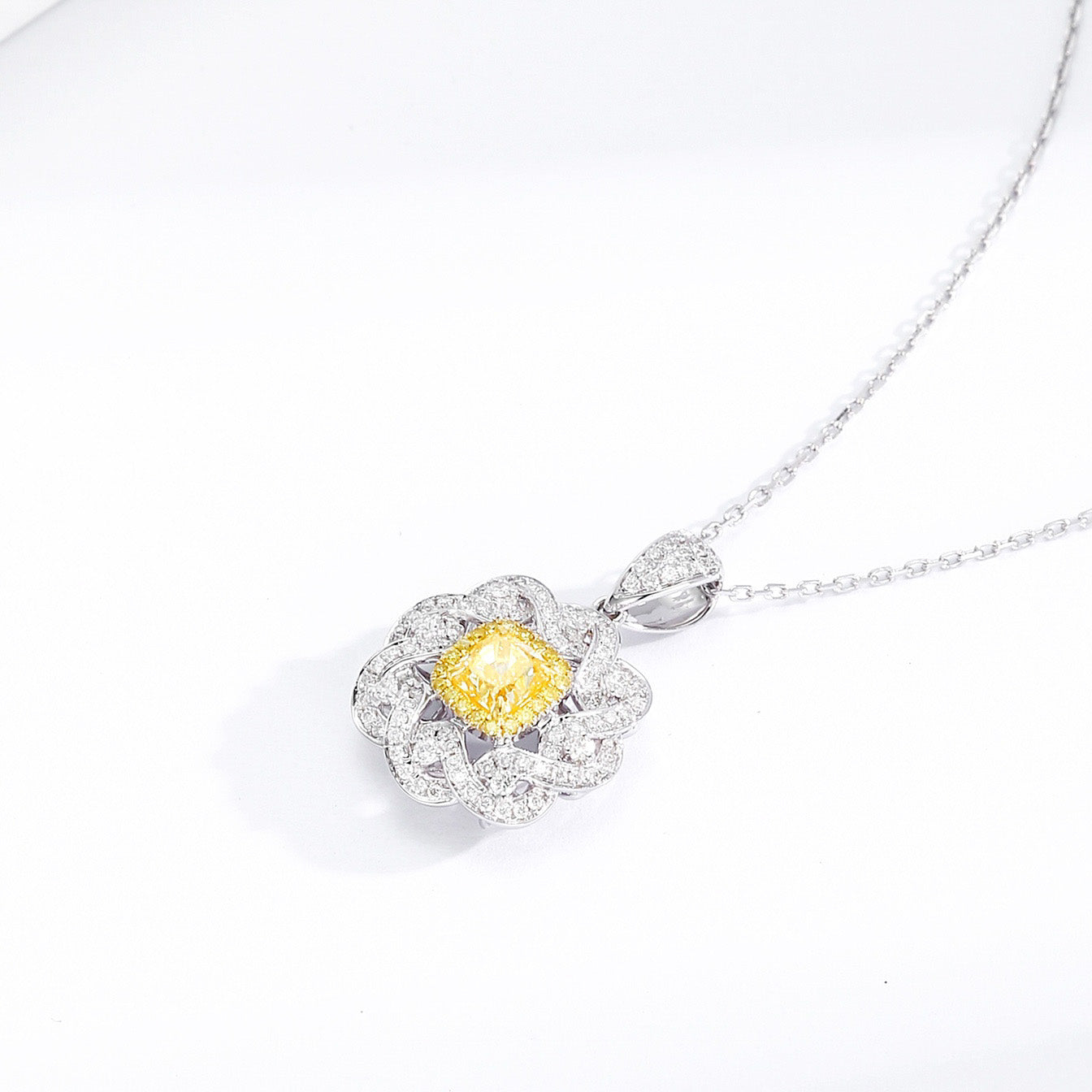 Cushion Cut Yellow Diamond Designer Pendant in 18K Yellow Gold -Side Angle
