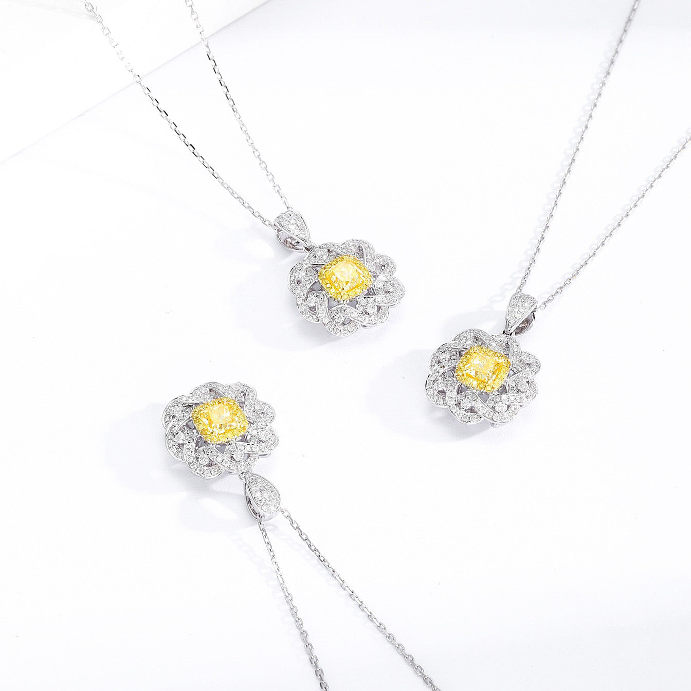 Cushion Cut Yellow Diamond Designer Pendant in 18K Yellow Gold -Top View