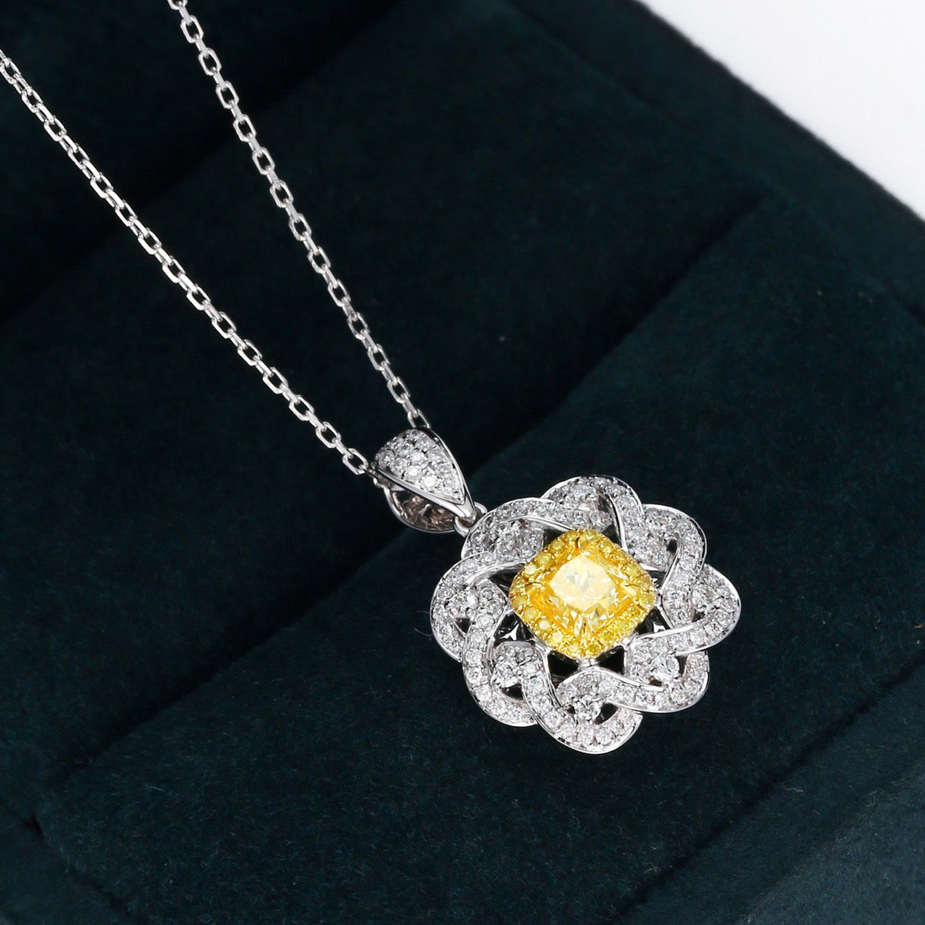 Cushion Cut Yellow Diamond Designer Pendant in 18K Yellow Gold -Perspective Close-up