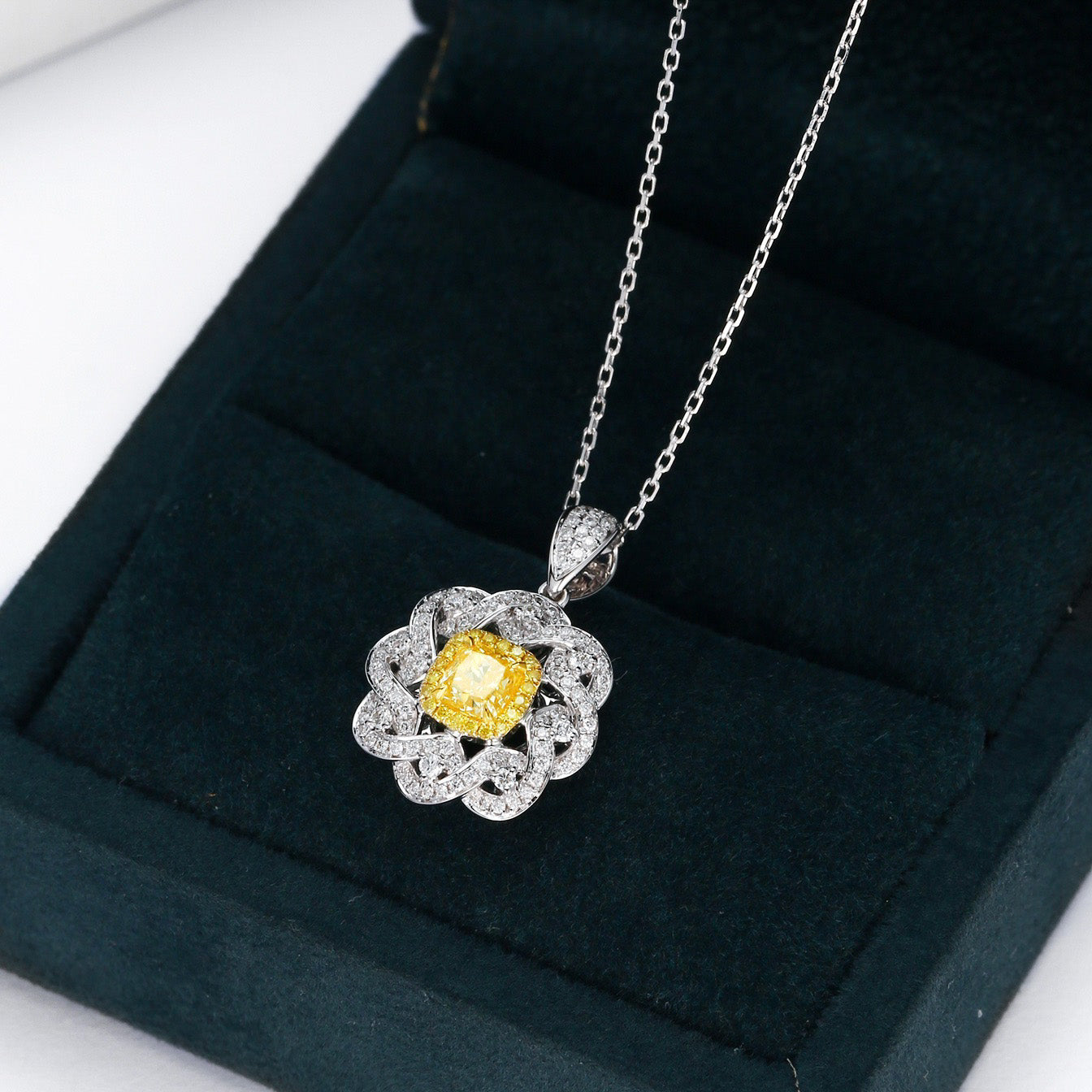Cushion Cut Yellow Diamond Designer Pendant in 18K Yellow Gold -In-Box Display