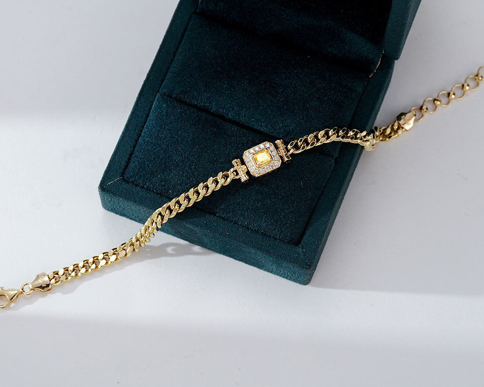 Cushion Cut Yellow Diamond Miami Cuban Bracelet in 18K Yellow Gold -Perspective Close-up