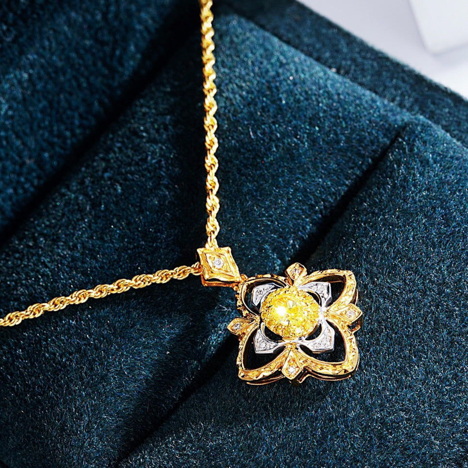 Oval Cut Yellow Diamond Designer Pendant in 18K Yellow Gold -Perspective Close-up
