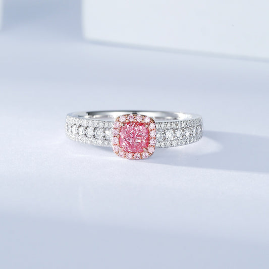 Cushion Cut Pink Diamond Engagement Ring with Halo and Pavé Diamond Band