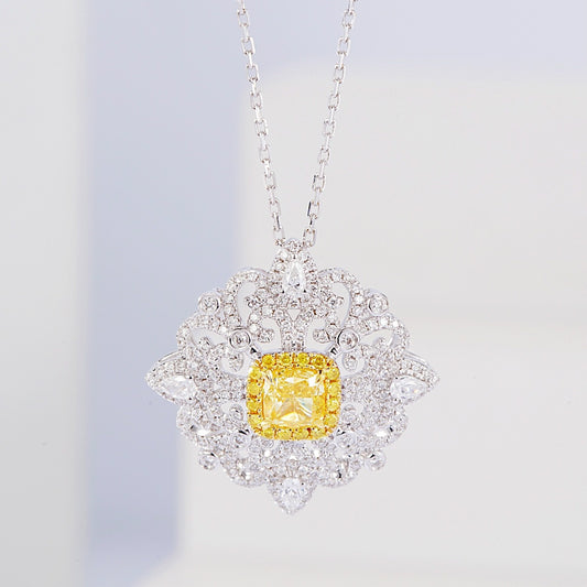 Cushion Cut Yellow Diamond Pendant with Cross Floral Diamond Setting
