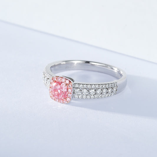 Cushion Cut Pink Diamond Engagement Ring with Halo and Pavé Diamond Band