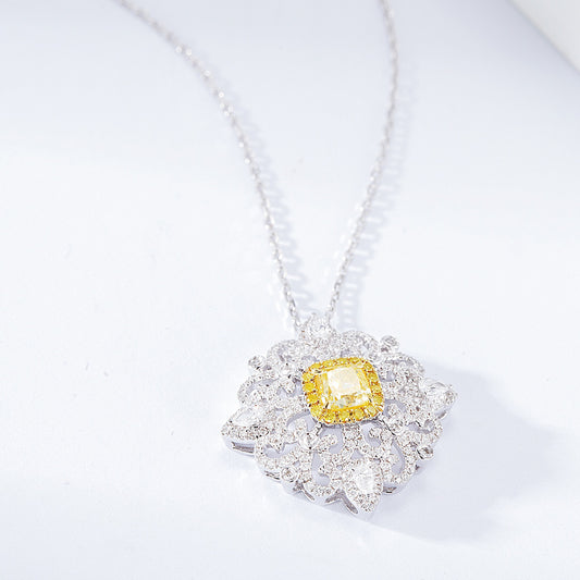 Cushion Cut Yellow Diamond Pendant with Cross Floral Diamond Setting