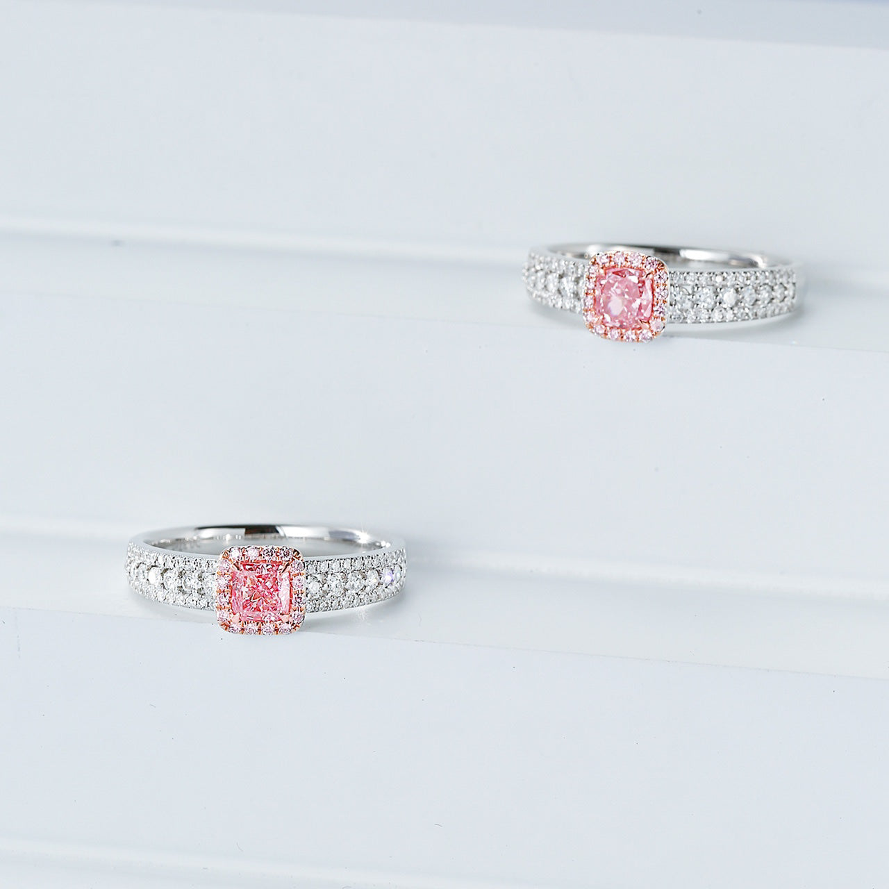 Cushion Cut Pink Diamond Engagement Ring with Halo and Pavé Diamond Band -Top View