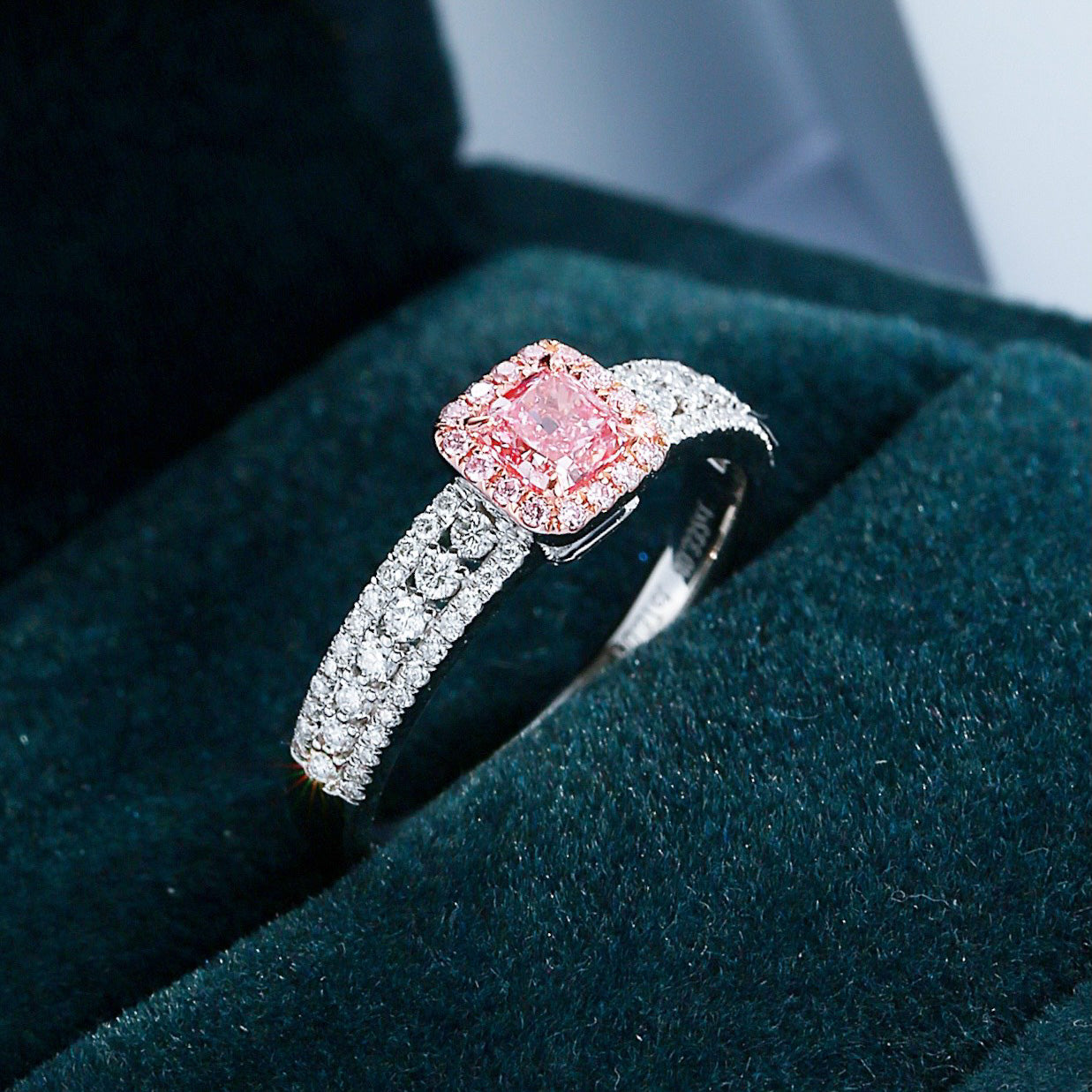 Cushion Cut Pink Diamond Engagement Ring with Halo and Pavé Diamond Band -Perspective Close-up