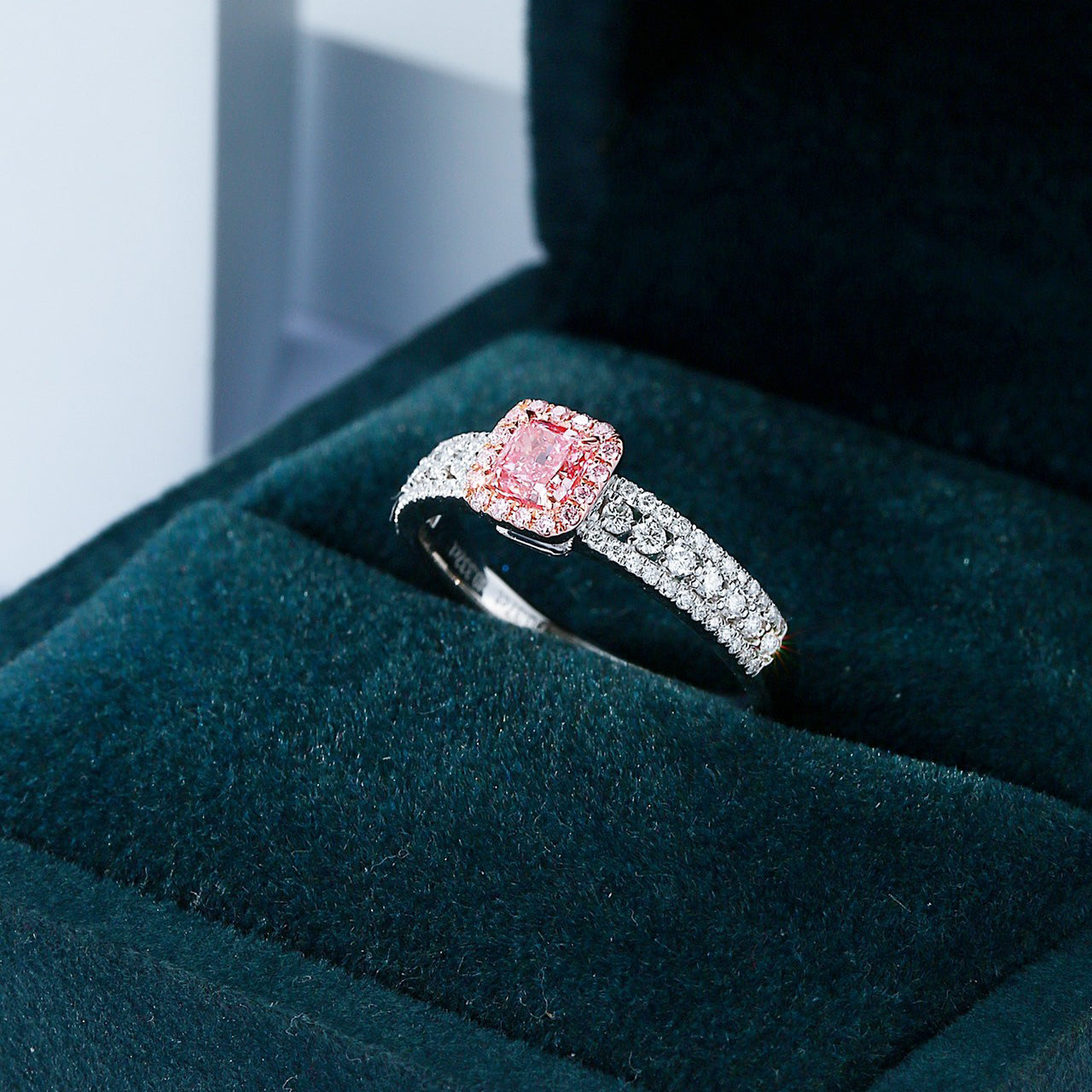 Cushion Cut Pink Diamond Engagement Ring with Halo and Pavé Diamond Band -In-Box Display