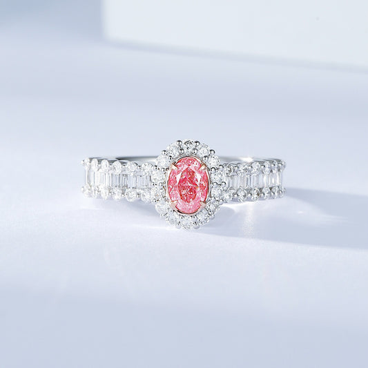 Oval Cut Pink Diamond Engagement Ring with Diamond Halo and Baguette Cut Band