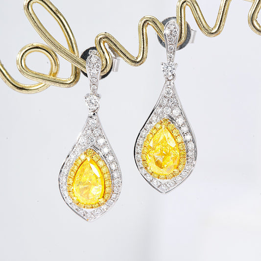 Pear Shaped Yellow Diamond Halo Drop Earrings in 18K White Gold