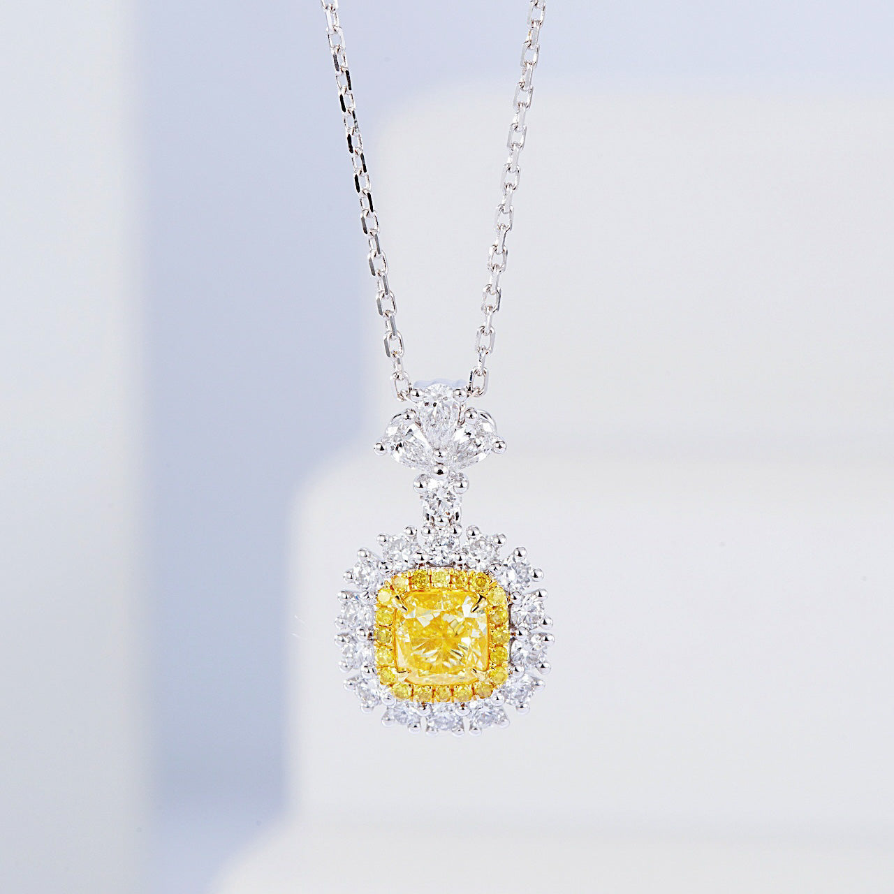 Cushion Cut Yellow Diamond Pendant with Sunflower Diamond Halo -Front View
